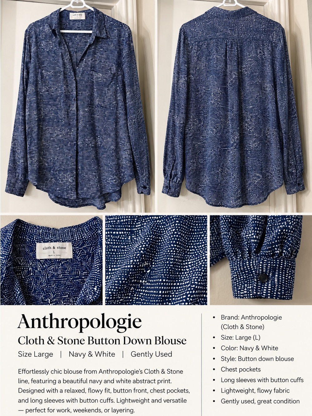 Anthropologie Navy and White Abstract Button-Down Blouse